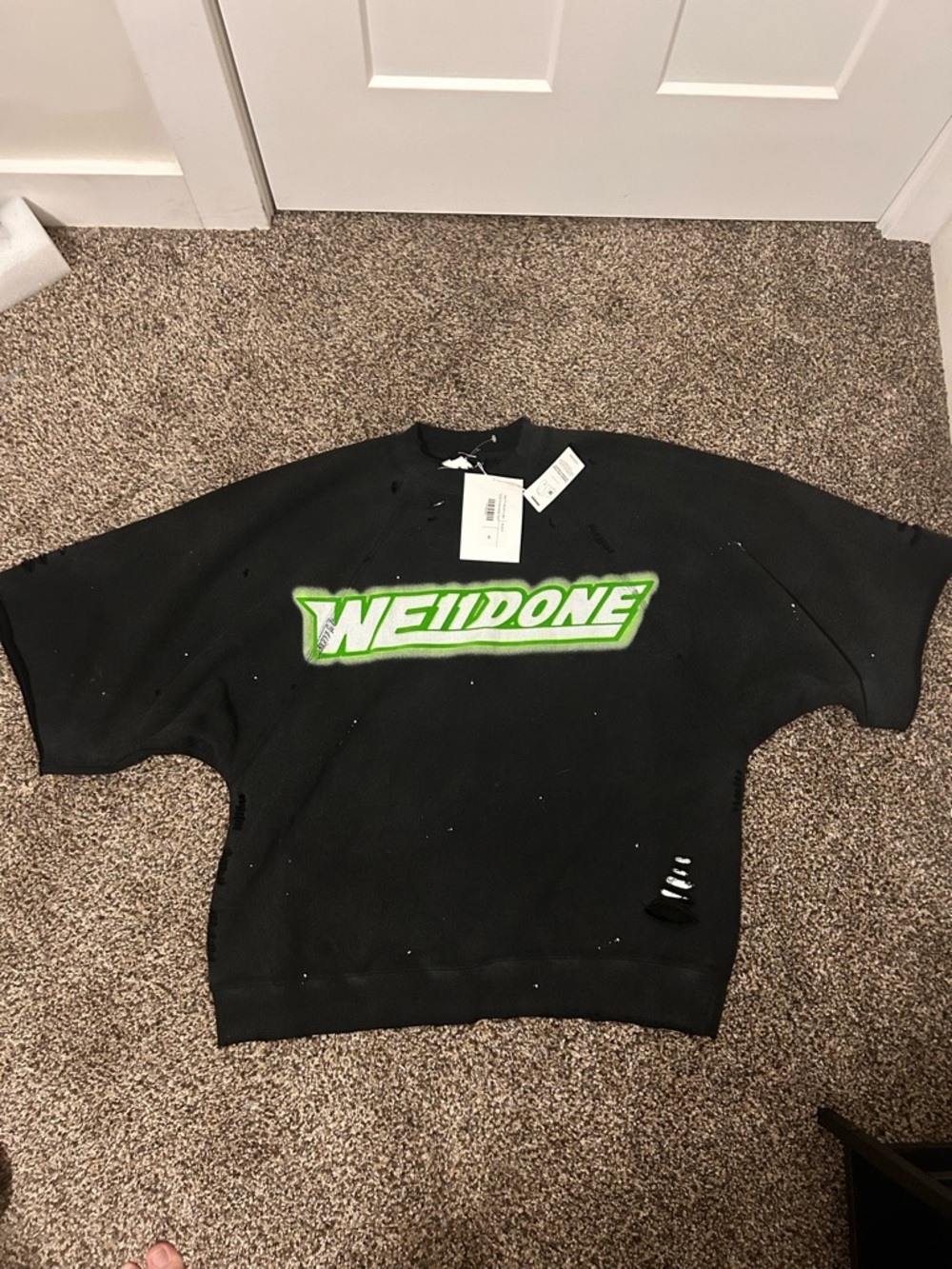 WE11DONE Black Short-Sleeve Sweatshirt with Neon Green Logo